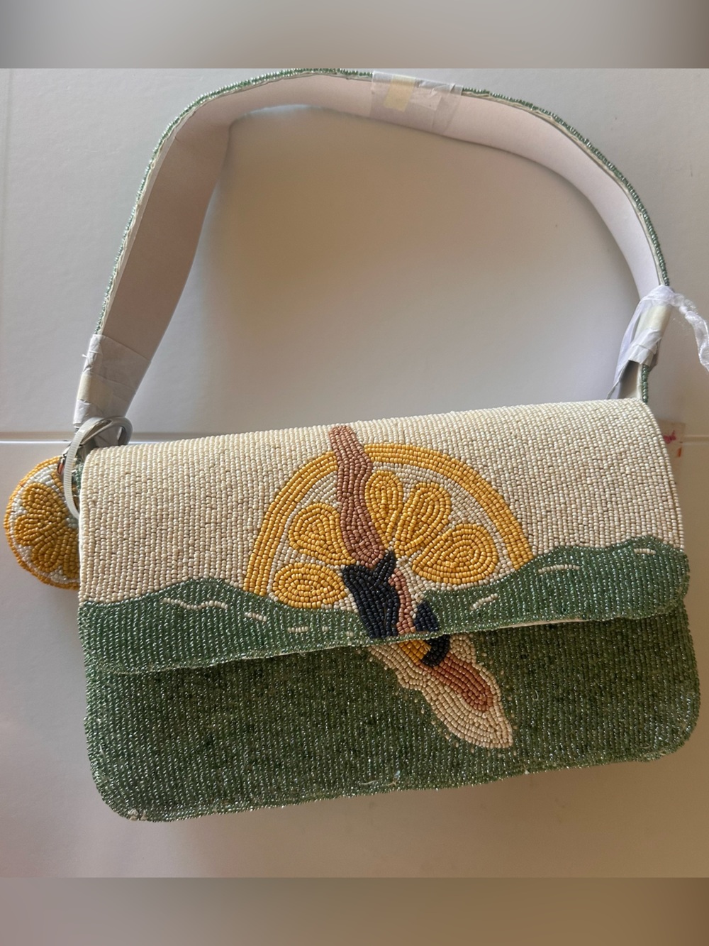 Beaded Sea Dive Lemon Shoulder Bag Green Ivory Resort Purse
